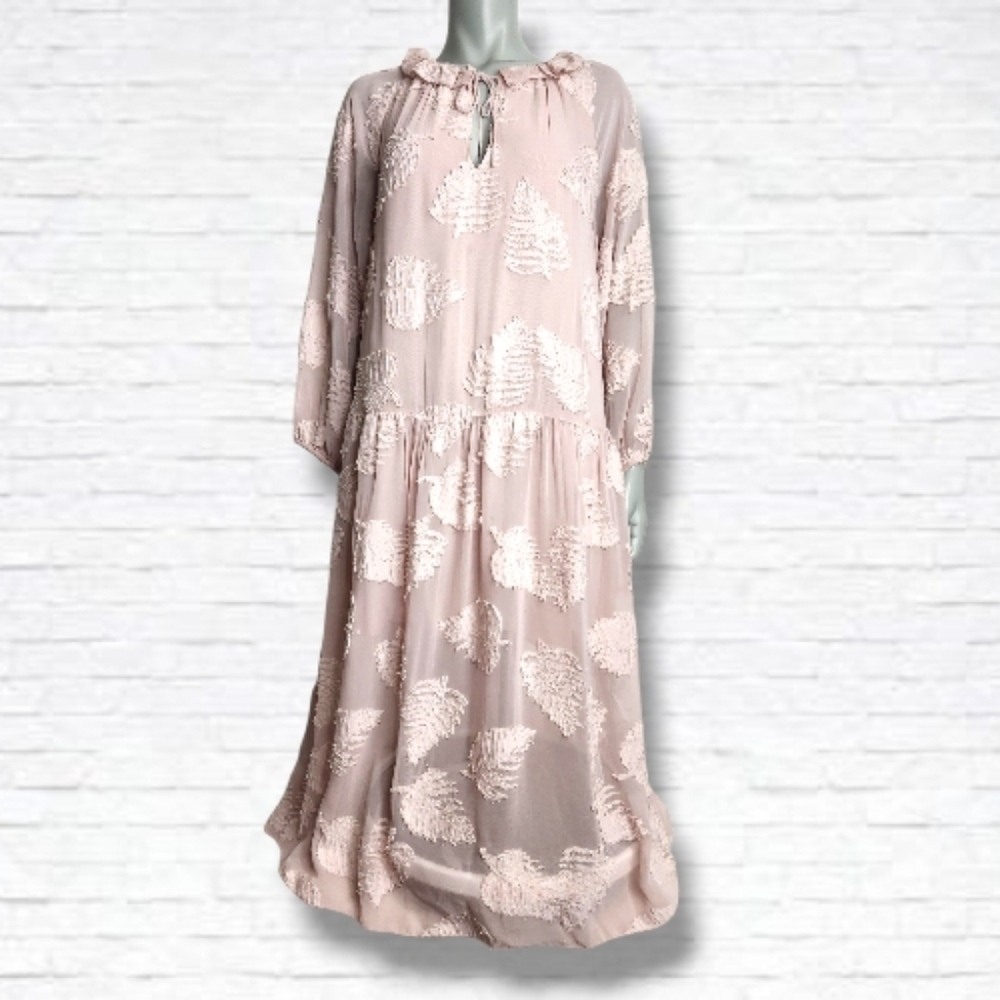 Aritzia Wilfred Sheer Blush Leaf Print Long Sleeve Peasant Maxi Dress Size M
